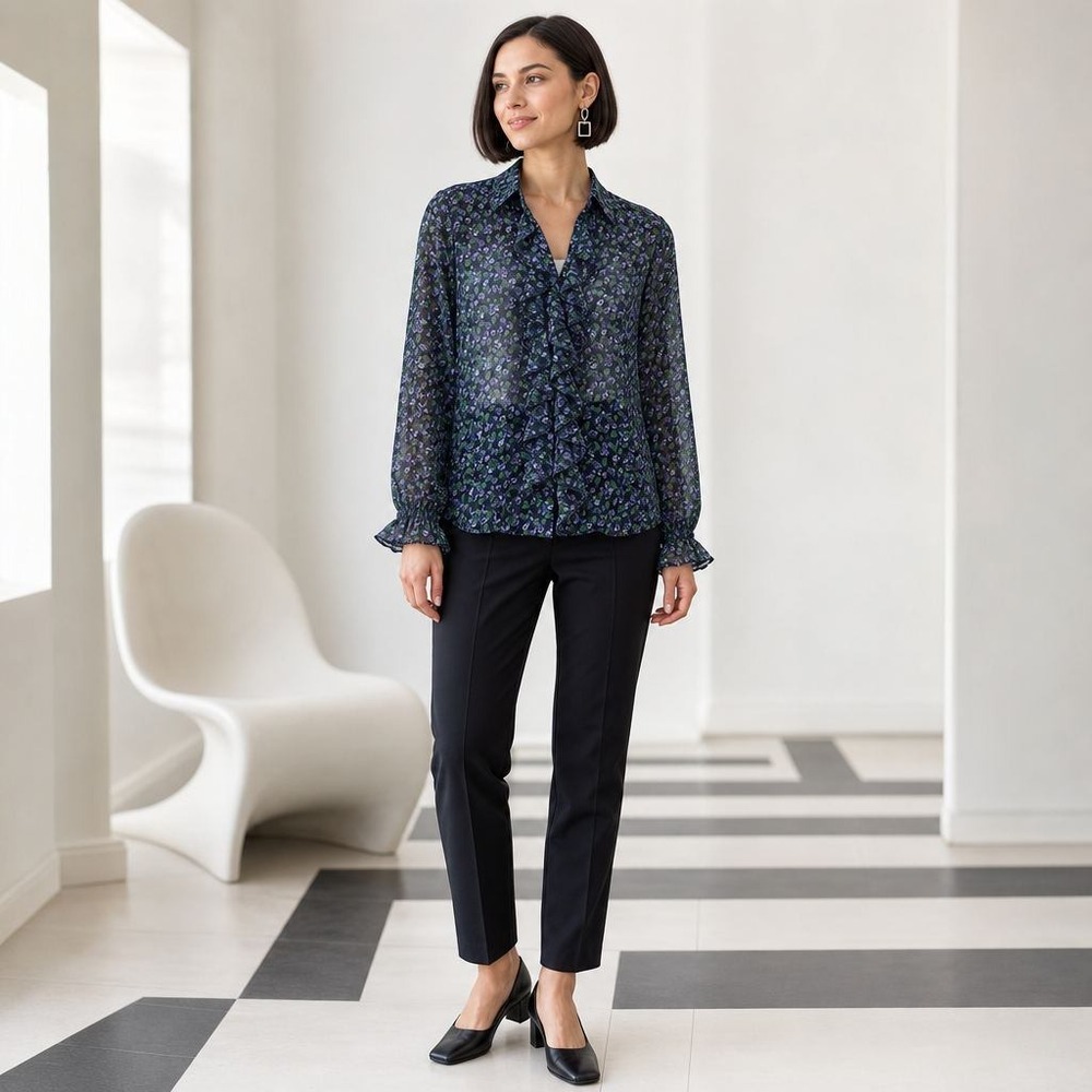 Twiggy London Ruffle Front Blouse Womens Large Navy Floral Sheer Office Romantic